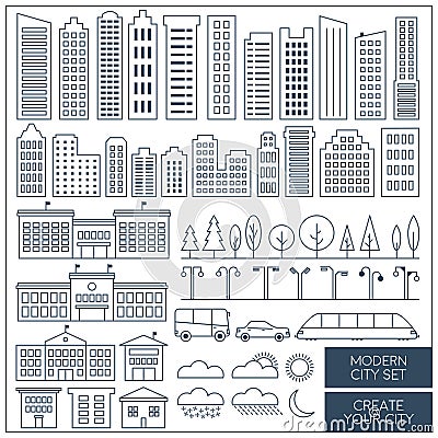 Thin lines city elements set. Urban landscape elements. â€‹ Vector Illustration